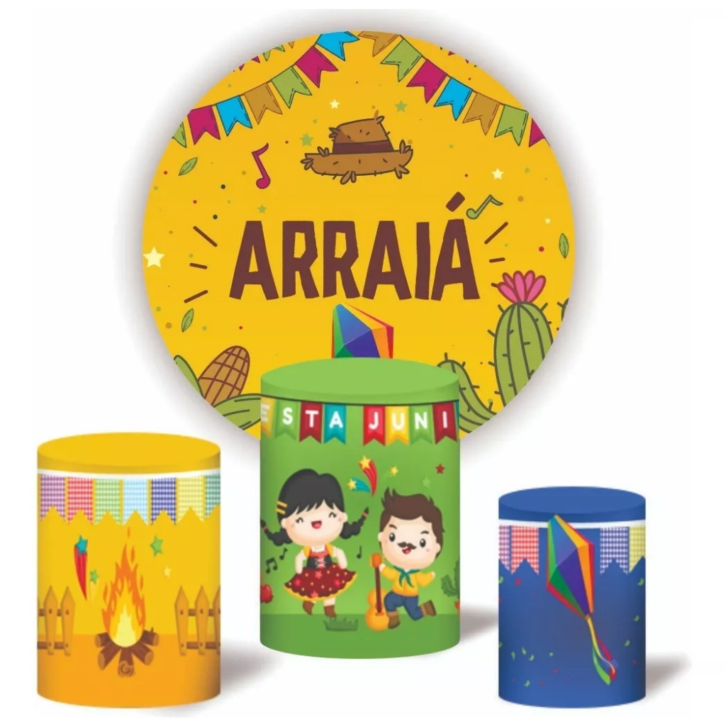 Kit Capa De Painel Redondo + Trio Capa De Cilindro Decoração De Festa Tema Festa Junina Arraiá