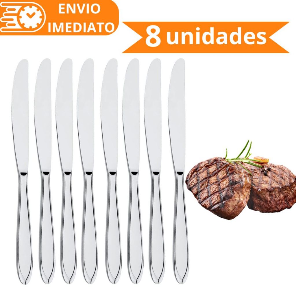 KIT 8 Faca de Mesa 100% Aço Inox Polido para Casa Cozinha Restaurante Bar Buffet Super Resistente