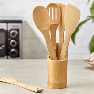 Kit Conjunto 5 Peças Utensílios Bambu Resistente Multiuso Casa Cozinha Decoração Com Suporte Bambu em Oferta na Shopee