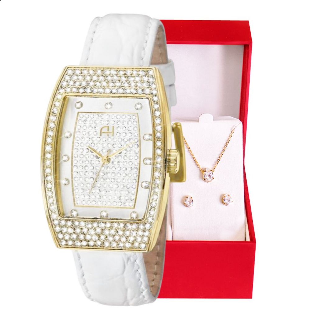 Relógio da Ana Hickmann, Feminino, Dourado, Couro Branco + Kit Colar e Brincos — AH28375B