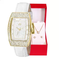 Relógio Feminino Anaógico Ana Hickmann Dourado com Pulseira de Couro Branco + Conjunto Colar e Brinco AH28375B