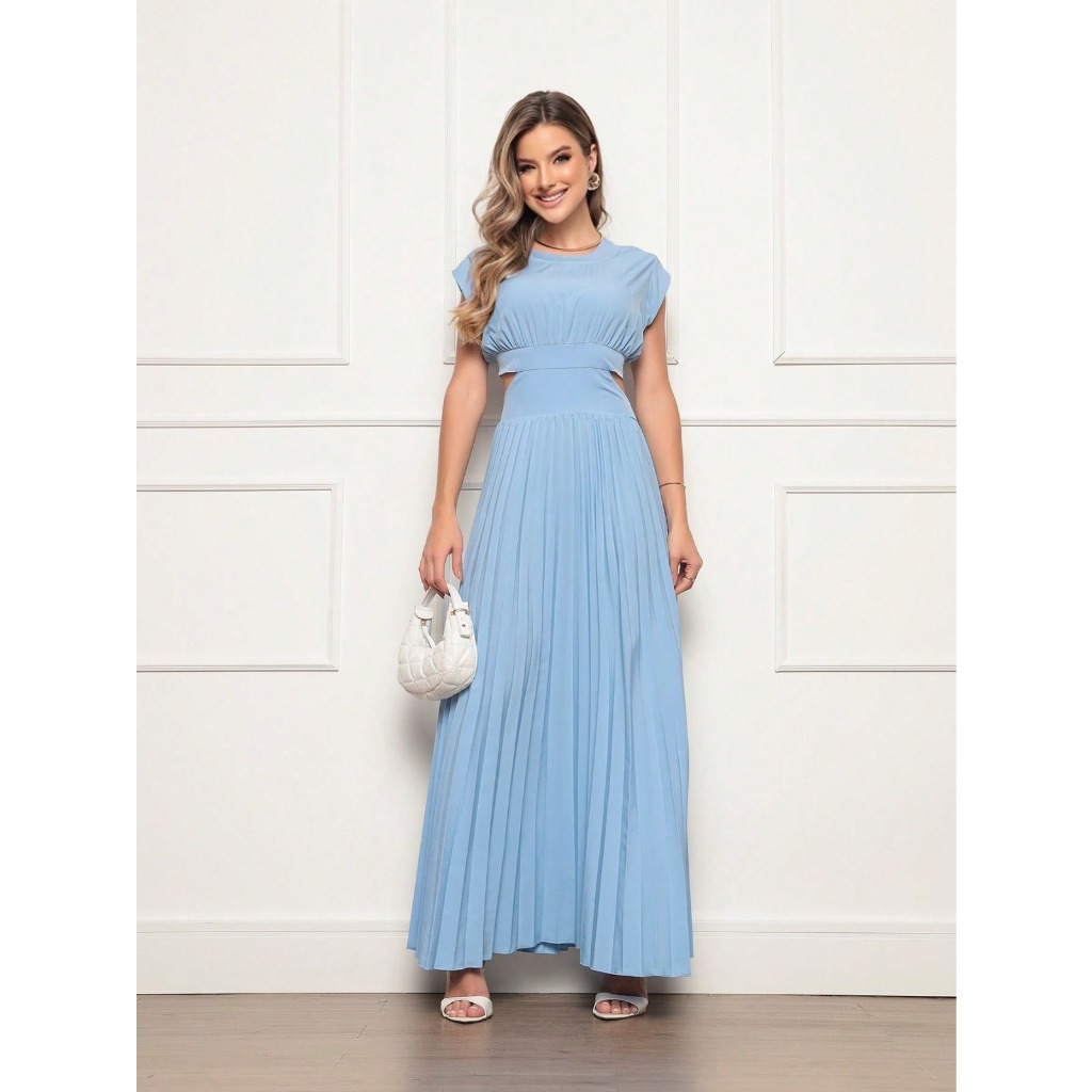 Vestido Longo Em Crepinho Feminino Com Corte Lateral E Plissado Decote Suave Estilo Romântico Para Ocasiões Especiais