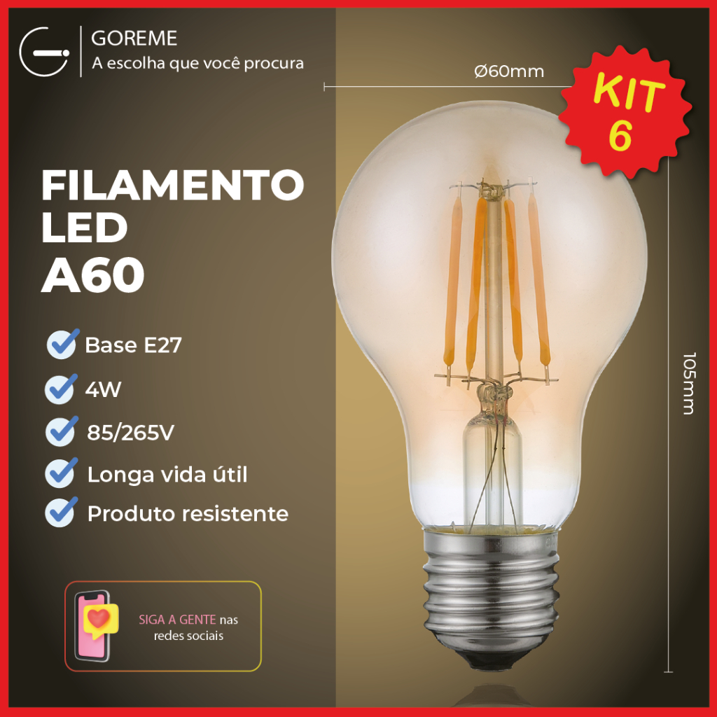 Kit 6 Lâmpada Filamento de LED Bulbo A60 4W Âmbar Bivolt Luminária Decorativa Retro Vintage em Oferta na Shopee
