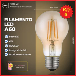 Kit 6 Lâmpada Filamento de LED Bulbo A60 4W Âmbar Bivolt Luminária Decorativa Retro Vintage