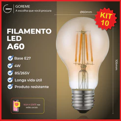 Kit 10 Lâmpada Filamento de LED Bulbo A60 4W Âmbar Bivolt Luminária Decorativa Retro Vintage