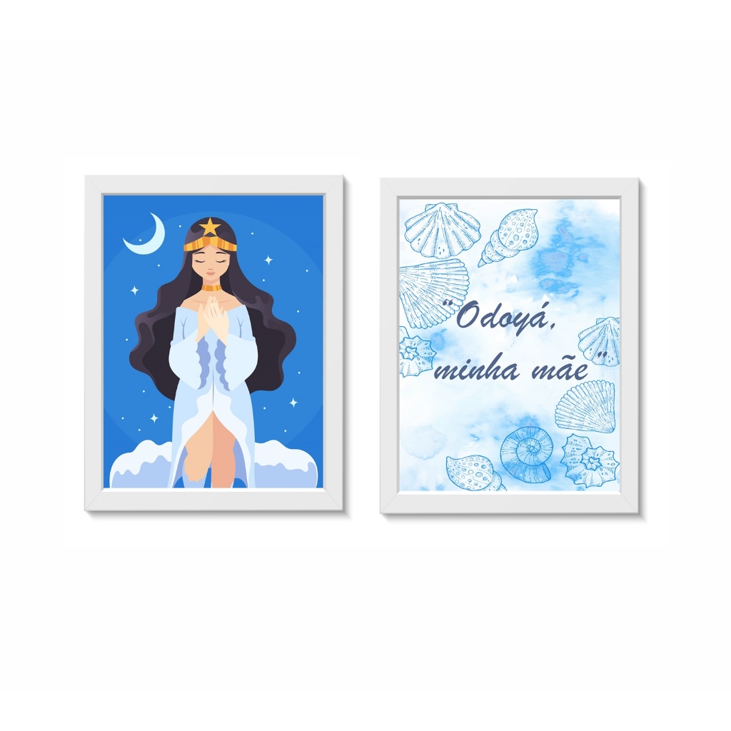 Kit 2 Quadros Decorativos Yemanjá Umbanda Candomblé Molduras 20x30cm Madeira Vidro Cor Brancas