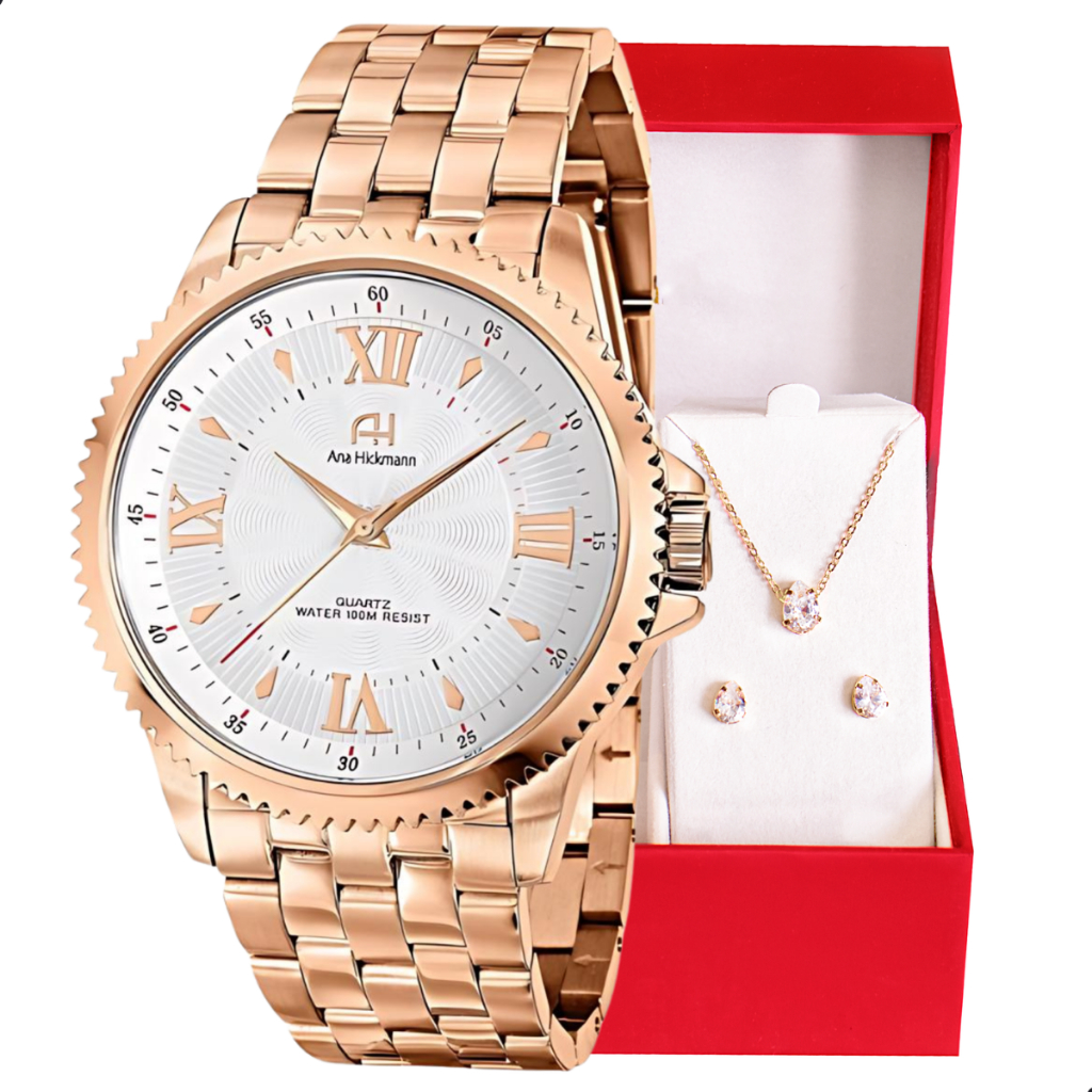 Relógio Champion  Ana Hickmann Feminino Rosê A Prova D’Água  Kit Colar e Brincos Original Presente Moda Gift Aniversário Tendência Estilo Mulher Esposa Namorada Mãe Barato AH28722Z - Watches