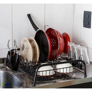 Escorredor de Louças 12 Pratos All Black com Porta Talher e Copos - Resistente em Oferta na Shopee
