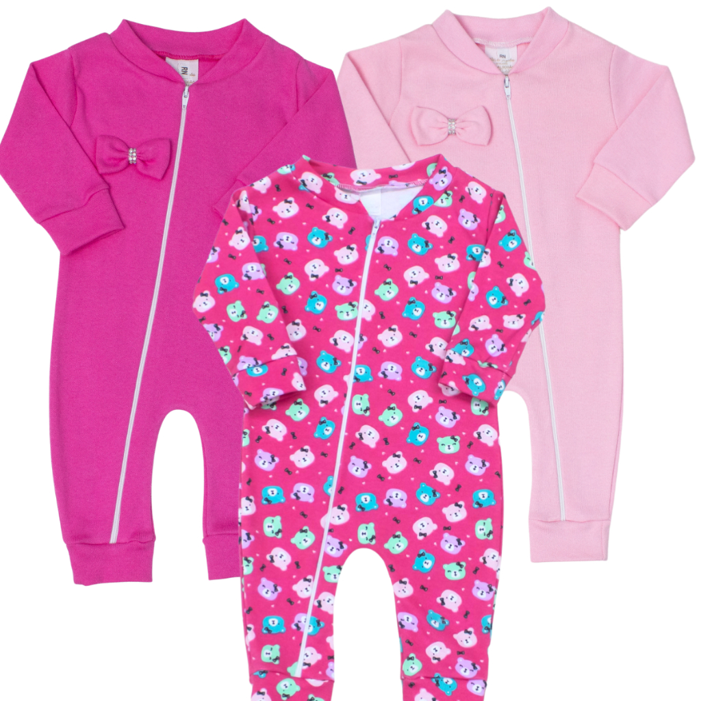 Macacão de  Zíper  Bebe Menina 03 Peças Algodão moda bebê feminina rosa pink roupas de bebê