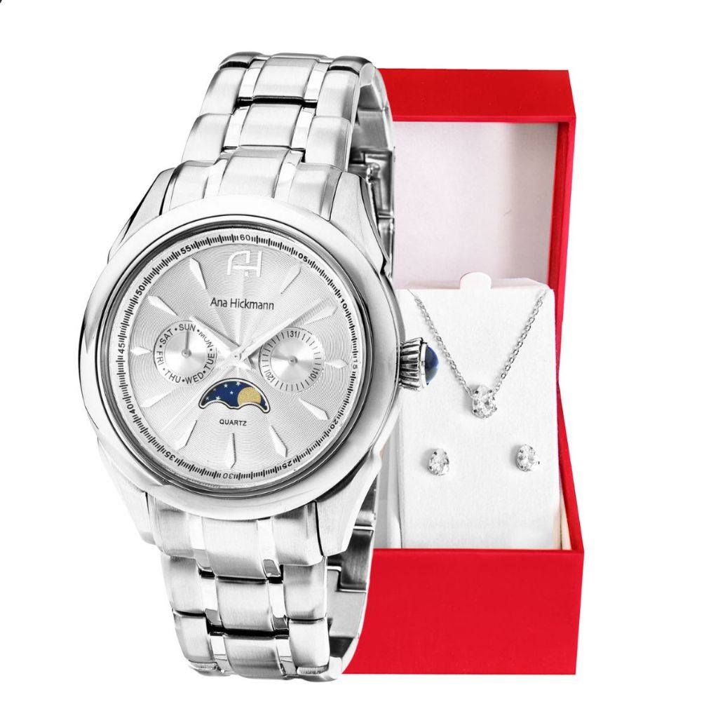 Relógio Feminino Champion Ana Hickmann Prata Fase Lunar A Prova D’Água Original Mulher Esposa Mãe Colar Brincos AH30200Q em Oferta na Shopee