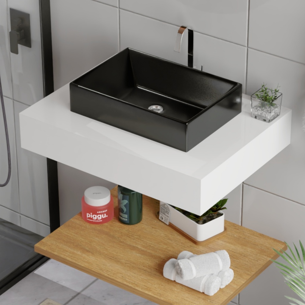 Pia Banheiro 62x40 Porcelanato Kit Cuba Suportes Elite Branca Cuba Preta Pronto Instalar Lavabo