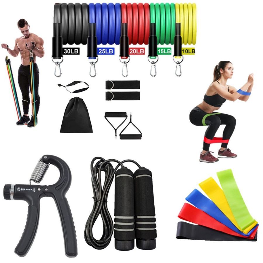 Kit 5 Mini Band + Kit 11 Elástico Extensor Hand Grip Corda Kit Completo Para Exercício Em Casa, Musculação, Treino, Funcional