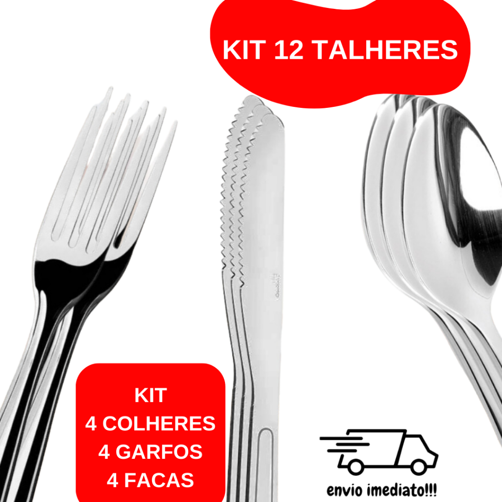 Kit 12 Talheres Aço Inox 4 Colheres 4 Facas 4 Garfos Cozinha Utilidades Louça Casa