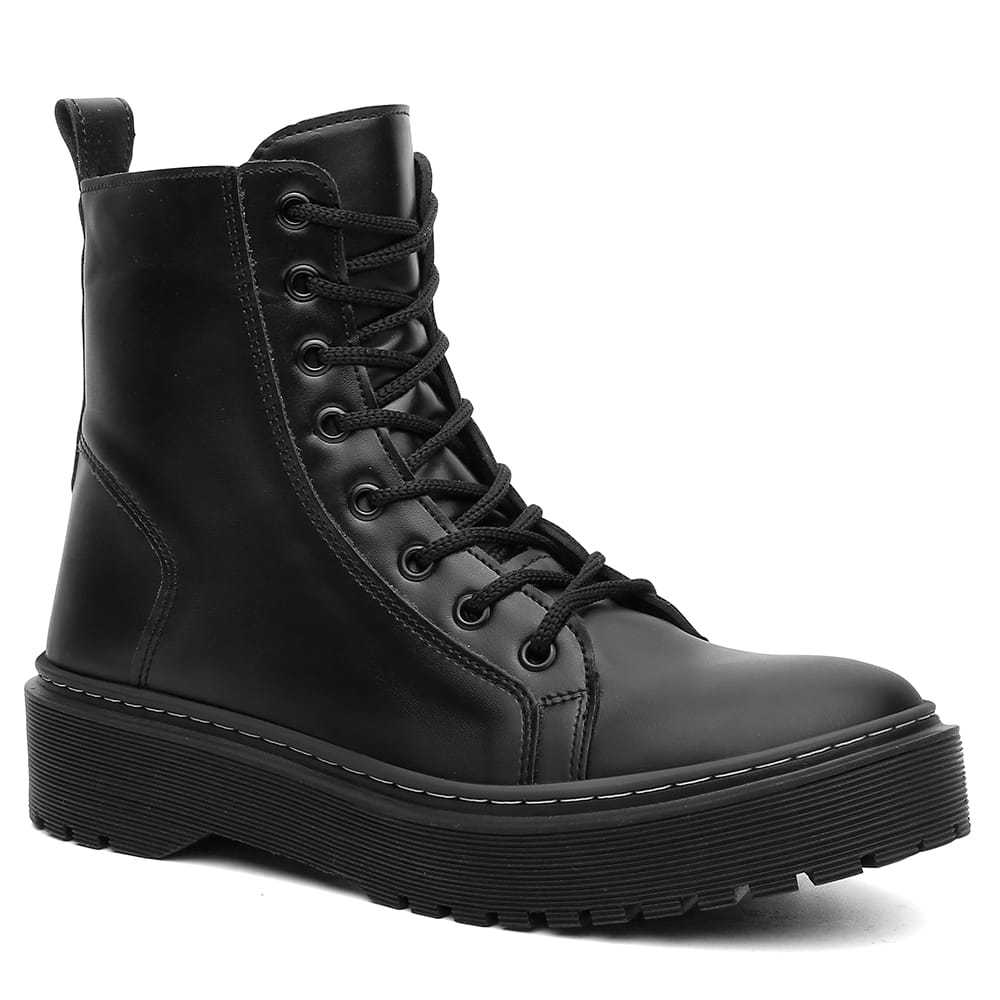 Bota Coturno Feminino Preto Tratorado Plataforma Confort Cano Curto