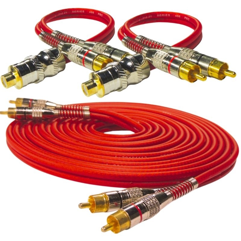 Kit Cabo Rca Blindado de 5 Metros + 2 Cabos Y 1 Fêmea + 2 Machos Vermelho Para Som Automotivo