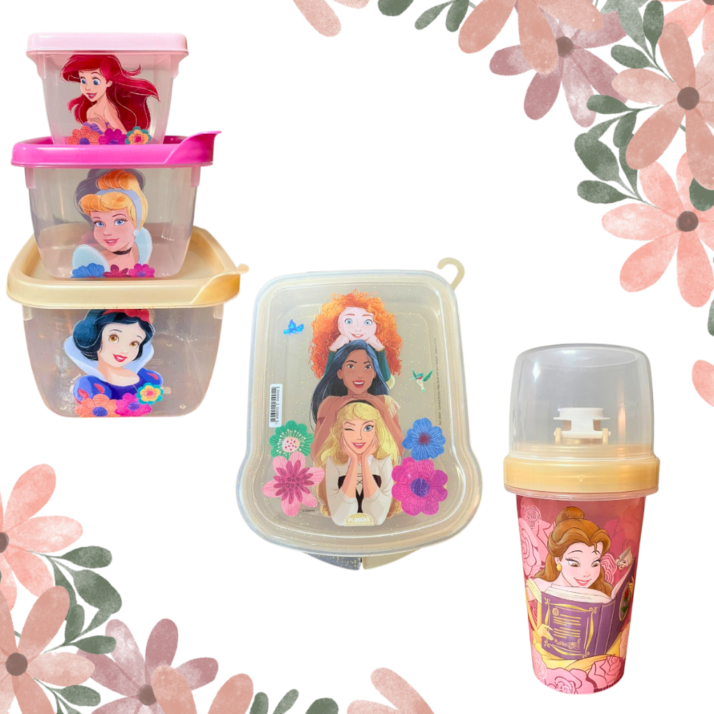 Kit 5 potes infantil vasilha Plástica Princesas Marmita Garrafinha Porta sanduíche Rosa Sanduicheira Potinhos Lancheira Merenda