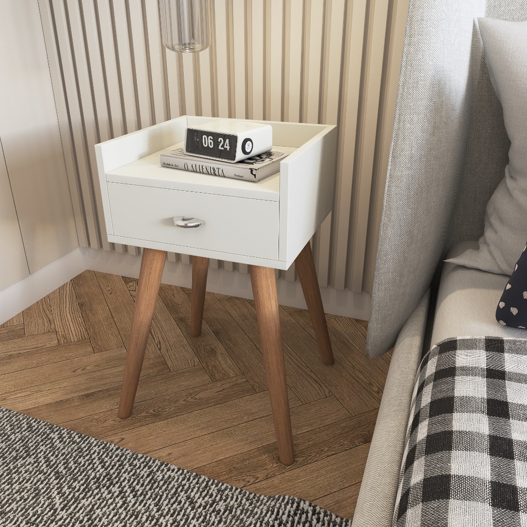 Mesa De Cabeceira Retro Com Pernas Pés Palito Em Madeira Maciça Várias Cores Com Gaveta - Home & Living