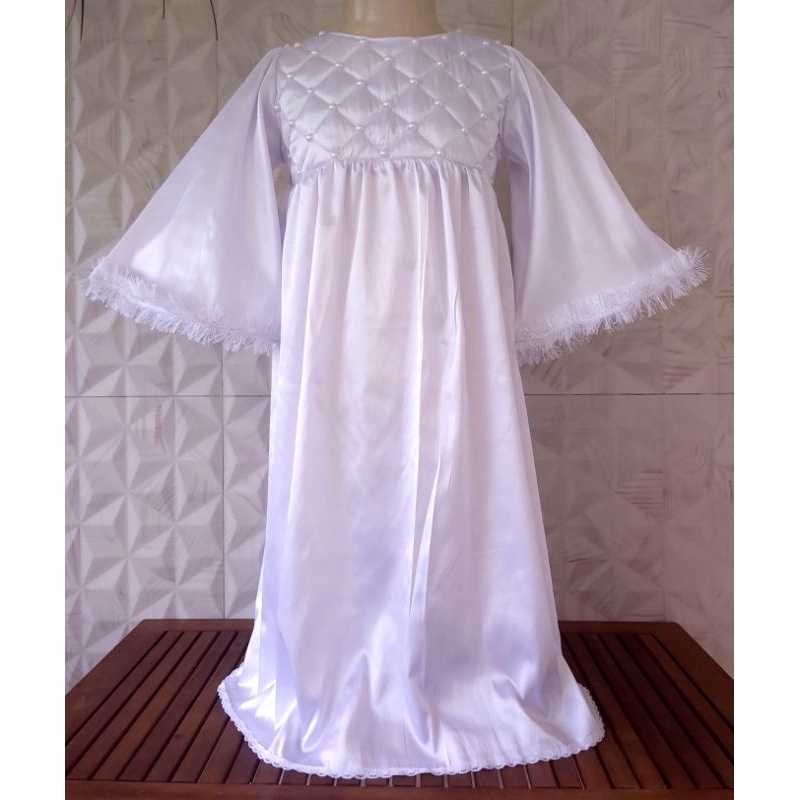 roupa de anjo para coroação infantil, com aplicação de pérolas  (roupa, túnica, veste, fantasia). em Oferta na Shopee