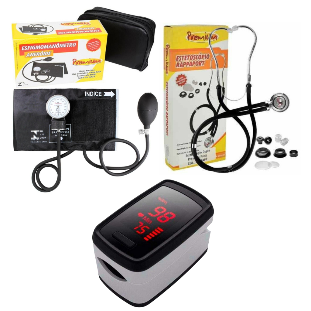 Kit com estetoscópio esfigmomanômetro e oxímetro