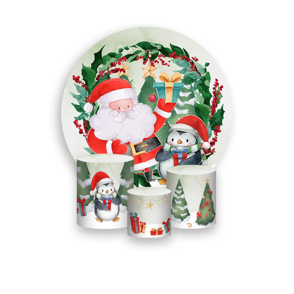 Painel De Festa Redondo + Trio De Capas Cilindro - Natal Papai Noel Pinguim 020