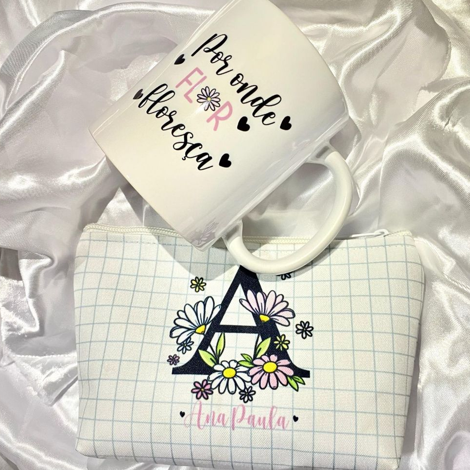 Caneca e Necessaire Personalizada com Nome para presente, lembrancinha, casamento, aniversário, padrinho.