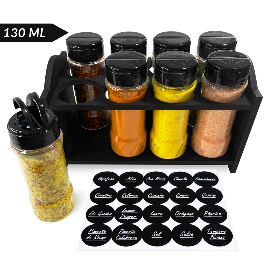 Porta Tempero Condimentos de Madeira Reforçada com 8 Potes 130ml Tampa Dosadora Dupla + Etiquetas em Oferta na Shopee