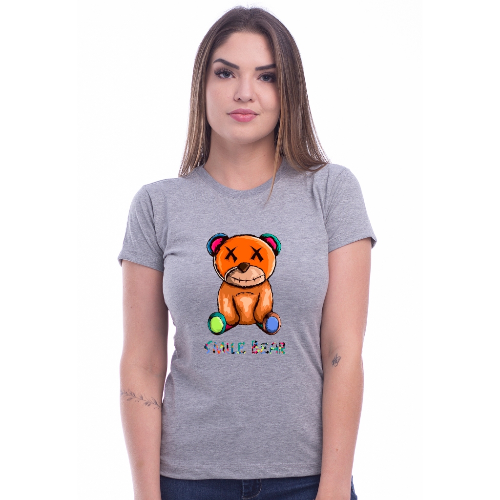 Baby Look Feminina de Algodão Smile Grizzly T-shirt Estampada