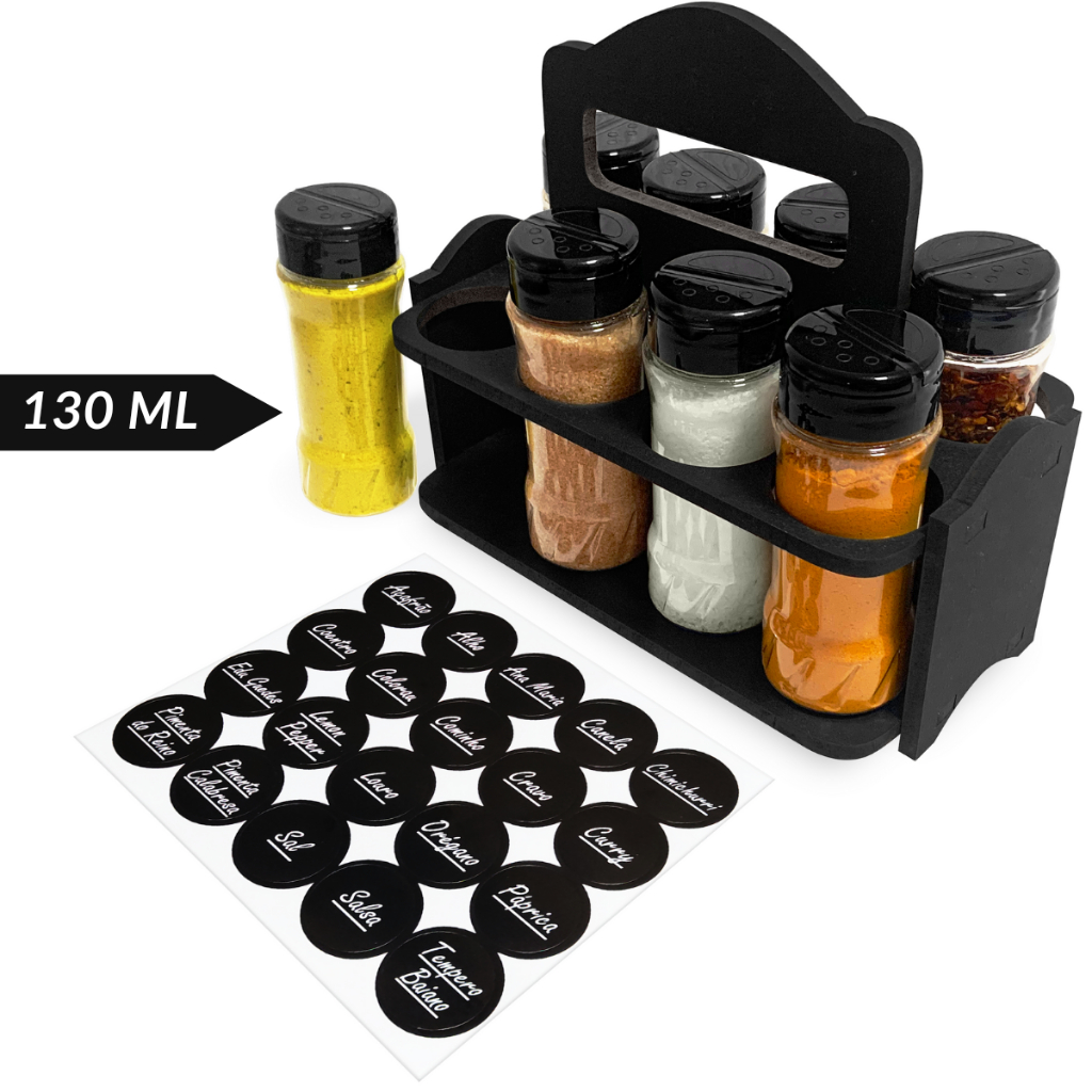 Porta Tempero Madeira com Alça + 8 Potes de Plástico Tampa Dupla + Etiquetas em Oferta na Shopee