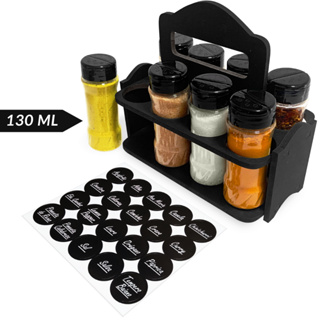 Porta Tempero Madeira com Alça + 8 Potes de Plástico Tampa Dupla + Etiquetas em Oferta na Shopee