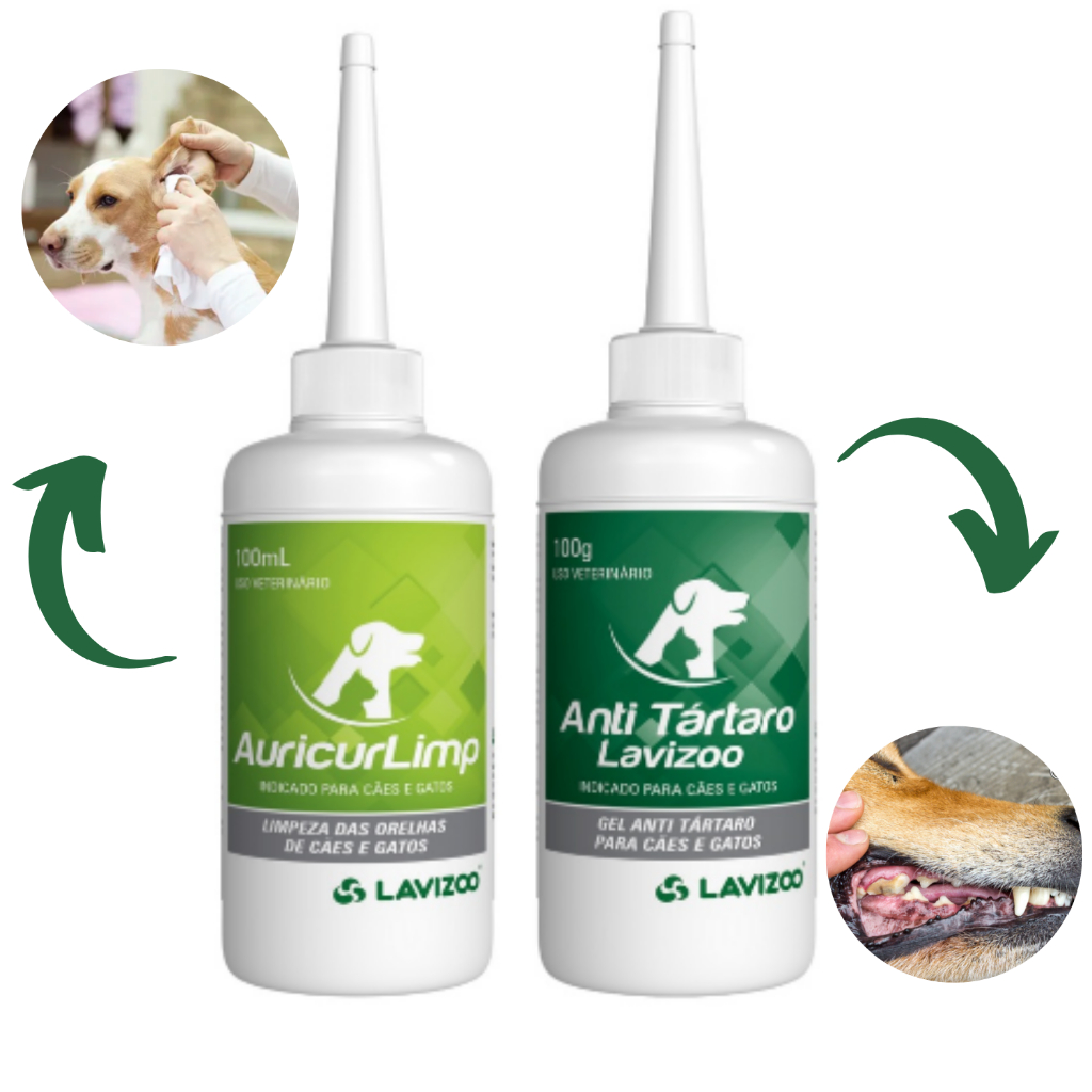 Kit Solução Limpa Orelhas Auricur Limp Lavizoo 100ml + Anti Tartaro Lavizoo 100g Gel  Cães e Gatos