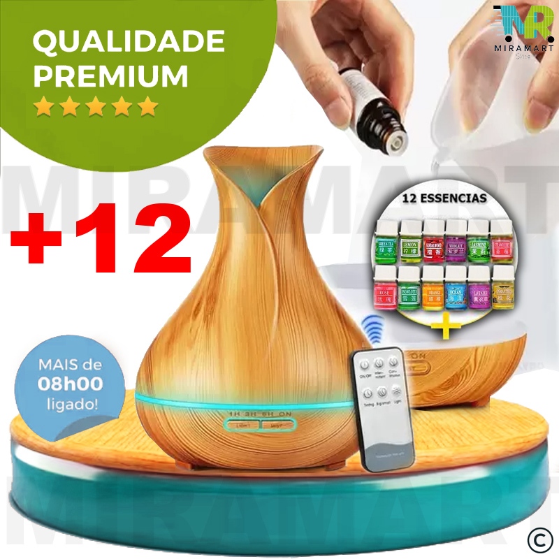 Difusor Aromatizador 400ml + 10 ESSÊNCIAS GRÁTIS + CONTROLE REMOTO Tulipa ULTRASSONICO De Ambientes Led 7 Cores Óleo Essencial Bem Estar Elétrico