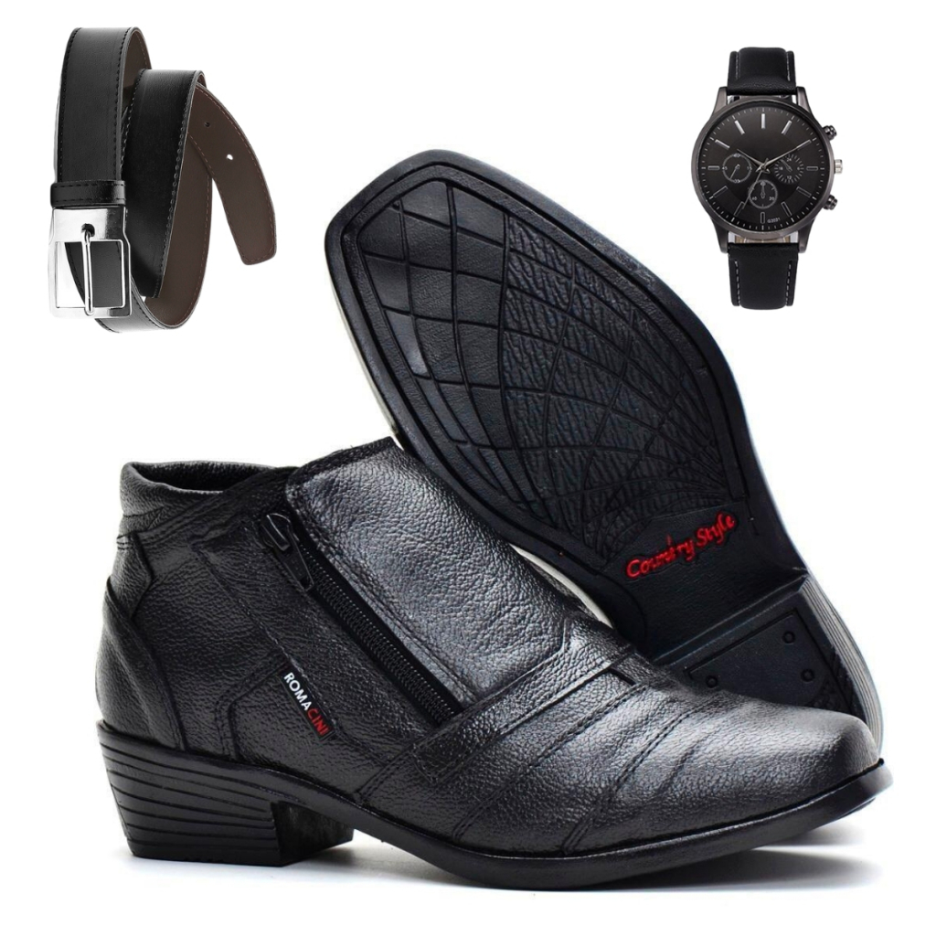Kit Bota Botina Social Masculina em Couro Legítimo Moda Agro Rural Country Solado Costurad...