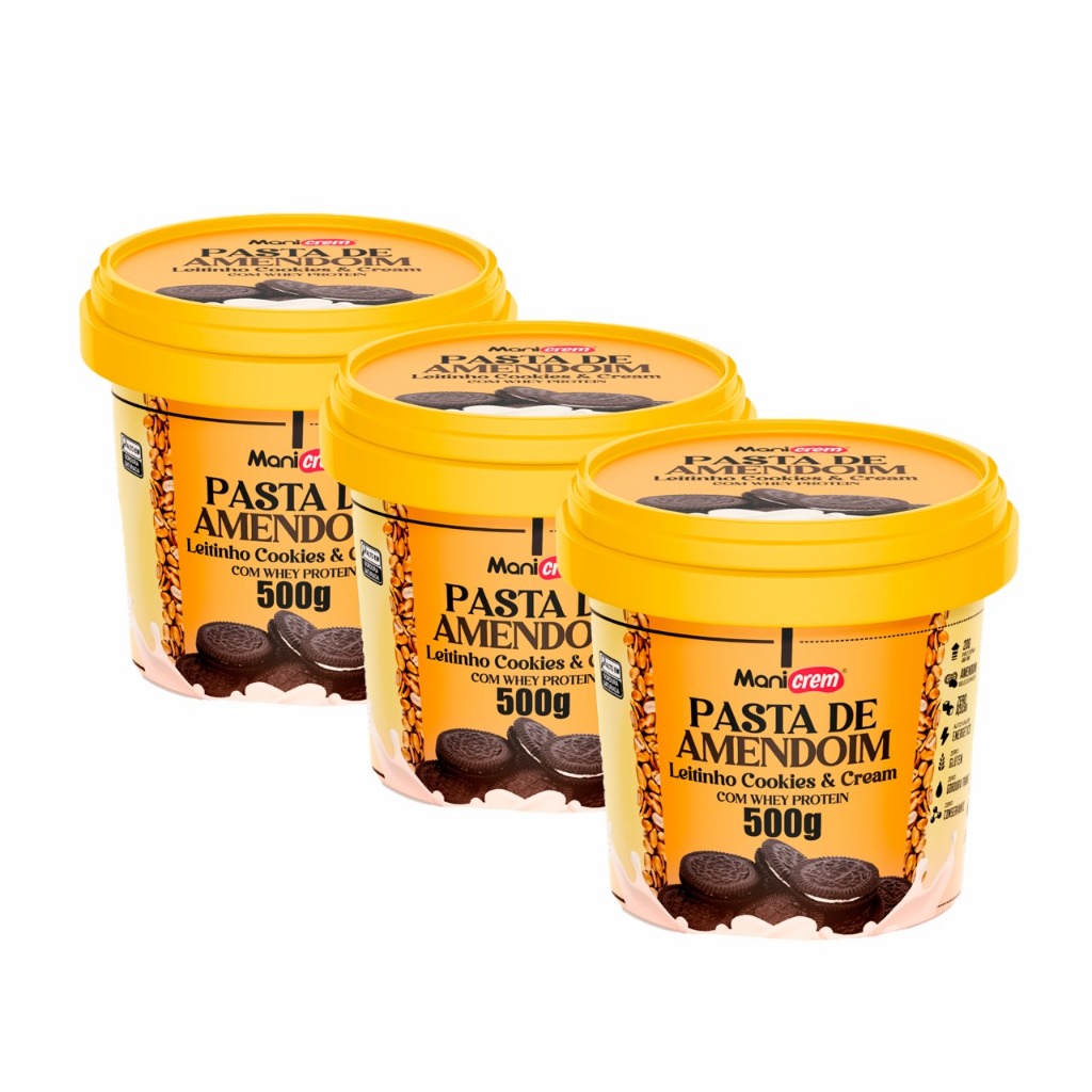 Pasta de Amendoim Leitinho Cookies e Cream com Whey Protein Kit com 03 unid 500g - Manicrem em Oferta na Shopee