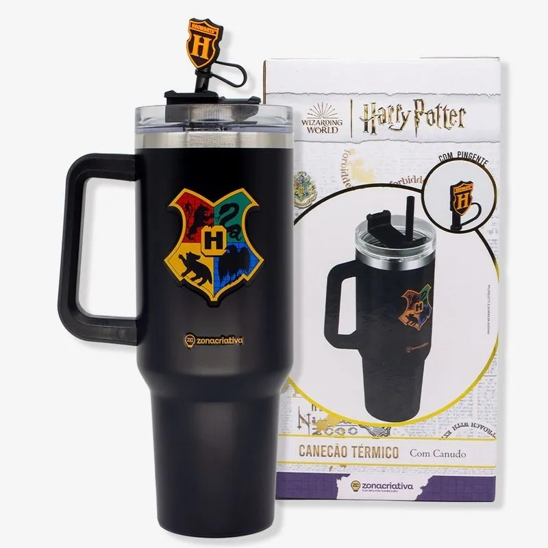 Copo Hogwarts Térmico Com Alça Quente Gelado Gigante 1.15L Com Tampa E Canudo Oficial Harry Potter