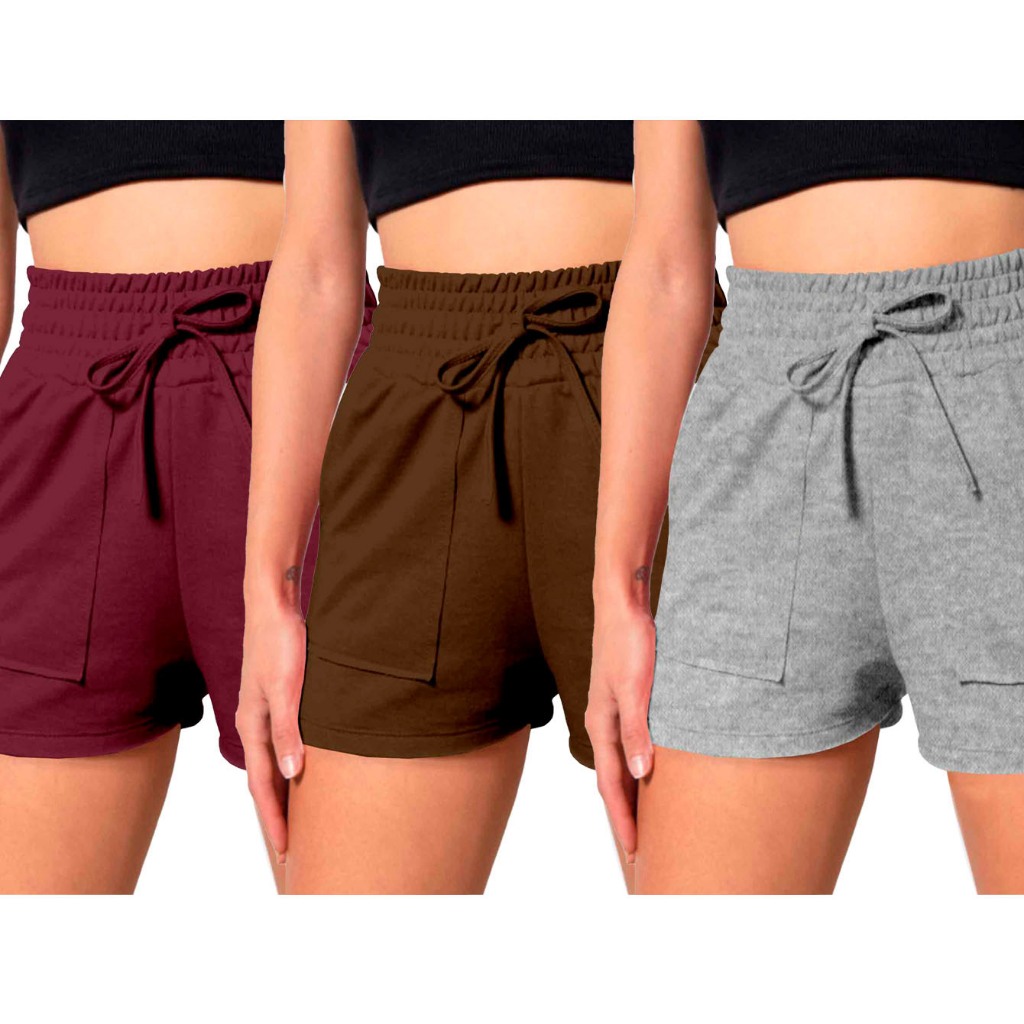 Short Feminino Kit 3 Peças Soltinho Cós Largo Bolso Confortável Aesthetic Casual Verão Leve