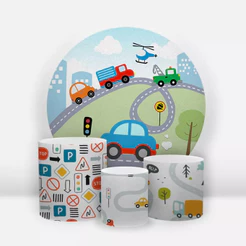 Kit Painel Redondo Decoração + Trio Capa De Cilindro Para Festa Tema Cidade