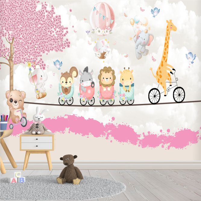 Papel de Parede Safari Girafa Menina Infantil Balão - Adesivo Fácil Aplicação - Painel Completo