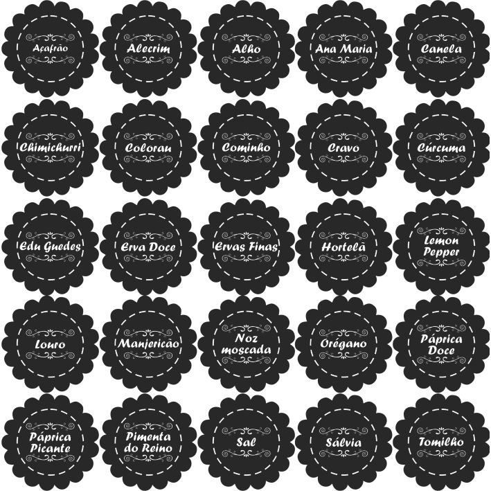 CARTELA TEMPERO 25 ETIQUETAS ADESIVO AUTO COLANTE ROTULO 5 CM DIAMETRO  A PROVA DE AGUA PARA POTES RECIPIENTE MANTIMENTOS CONDIMENTOS ORGANIZAÇÃO  E BELEZA PARA SUA COZINHA COR AMARELO AZUL PRETO MARROM ROSA VERDE VERMELHO TRANSPARENTE BRANCO