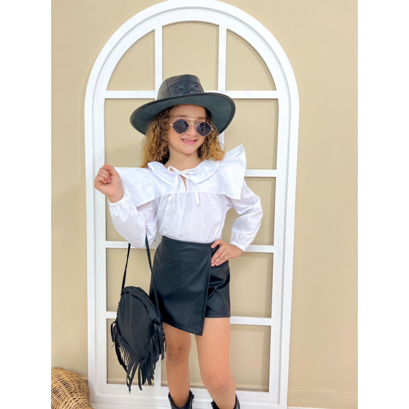Conjunto Infantil Boiadeira Country Camisa Tricoline Shorts Saia Couro Ecológico Bolsinha Fashion