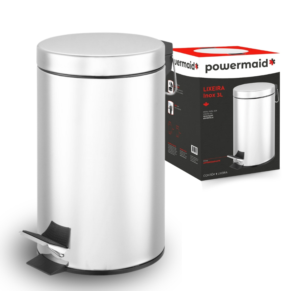 Lixeira Pedal Inox Cesto Removível Cozinha Banheiro 3L Powermaid - Home & Living