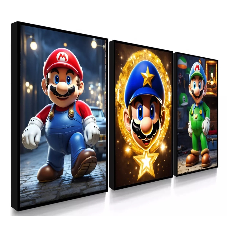 Quadro Decorativo Mario Luigi Game Nintendo 3 Peças Quarto Gamer Sala Decoração Jogos Console