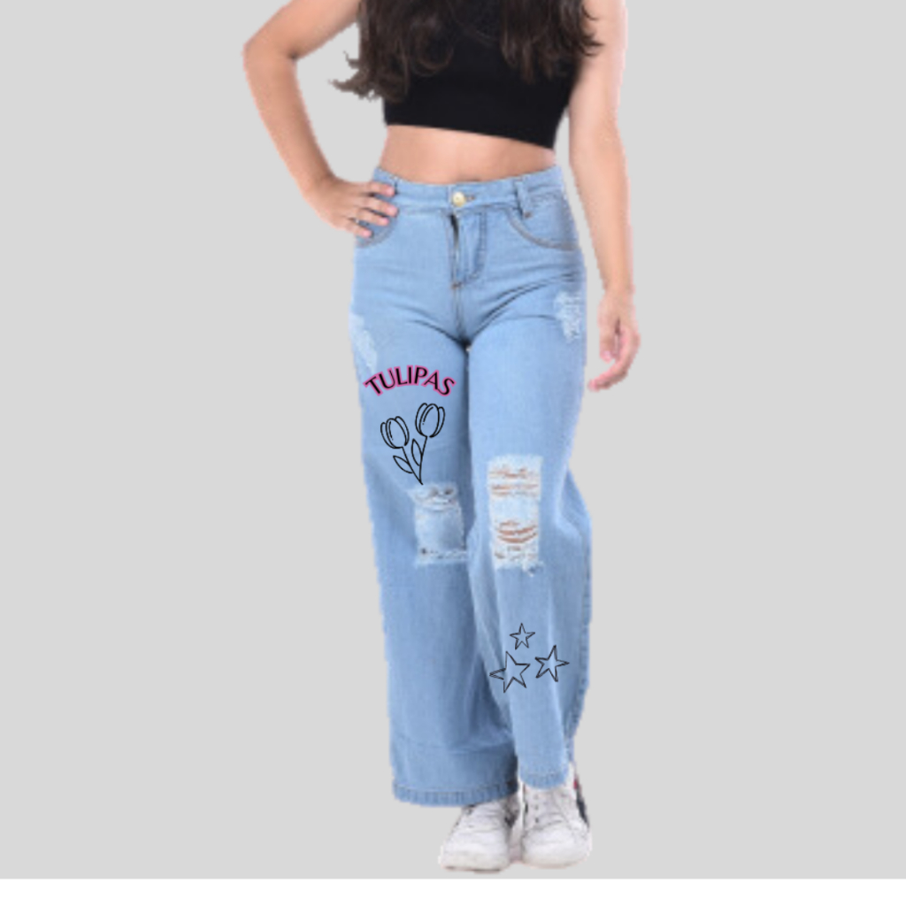 Calça wide leg pantalona jeans estampado com desenho infantil juvenil