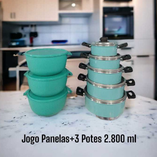 JOGO DE PANELAS 5PEÇAS + 3KIT DE POTES EM LINDAS CORES em Oferta na Shopee