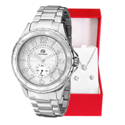 Relógio Feminino Analógico Ana Hickmann Prata Resistente a Água Original + Conjunto Colar e brinco AH28679Q