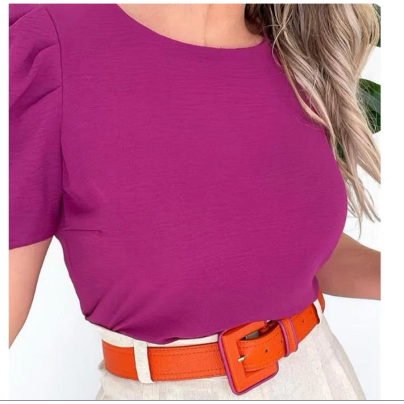 Blusa Feminina com Manga Bufante Princesa Gola Redonda tecido Duna Tendencia Moda Blogueira