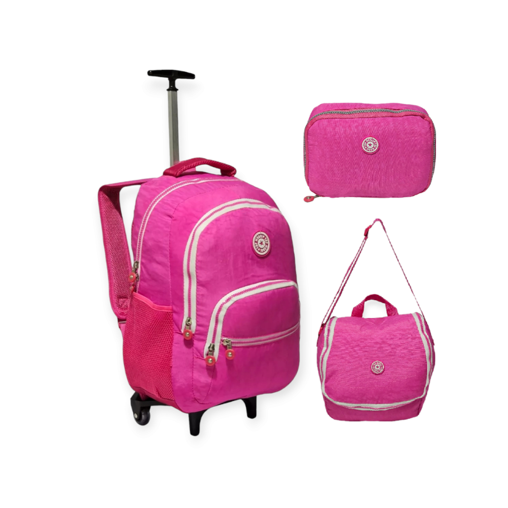 Kit Mochila Rodinhas Escolar Juvenil Feminina Reforçada 3 Pç