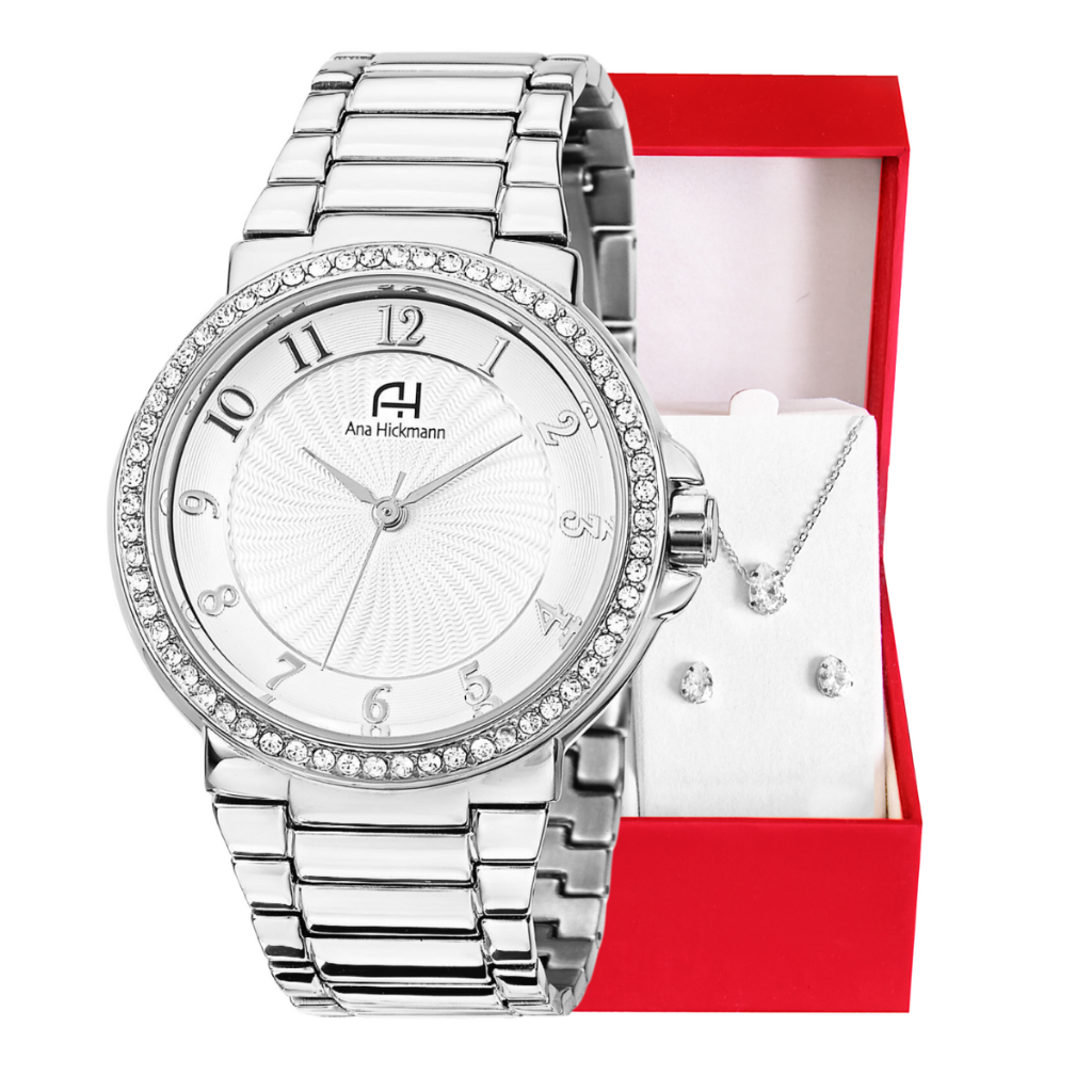 Kit Relógio Feminino Champion Ana Hickmann Prata Analógico com Cristais AH28633Q – A prova d'água, elegante e original.