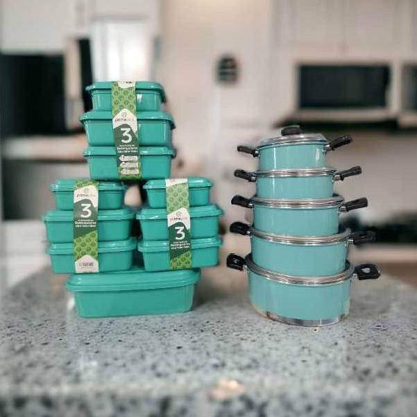 KIT JOGO DE PANELAS 5 PEÇAS +  JOGO DE POTES 10 PEÇAS