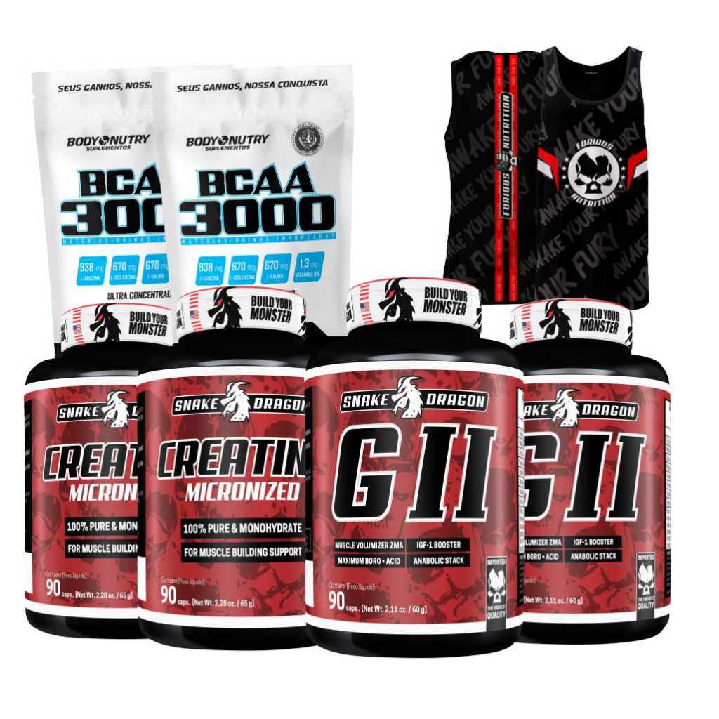 Kit Suplemento - 2x Pré Hormonal, GII, 90 cáps + 2x Creatina 100% Pura, 90 cáps + 2x BCAA 3000, 50 cáps + Regata de Treino, Furious Nutrition