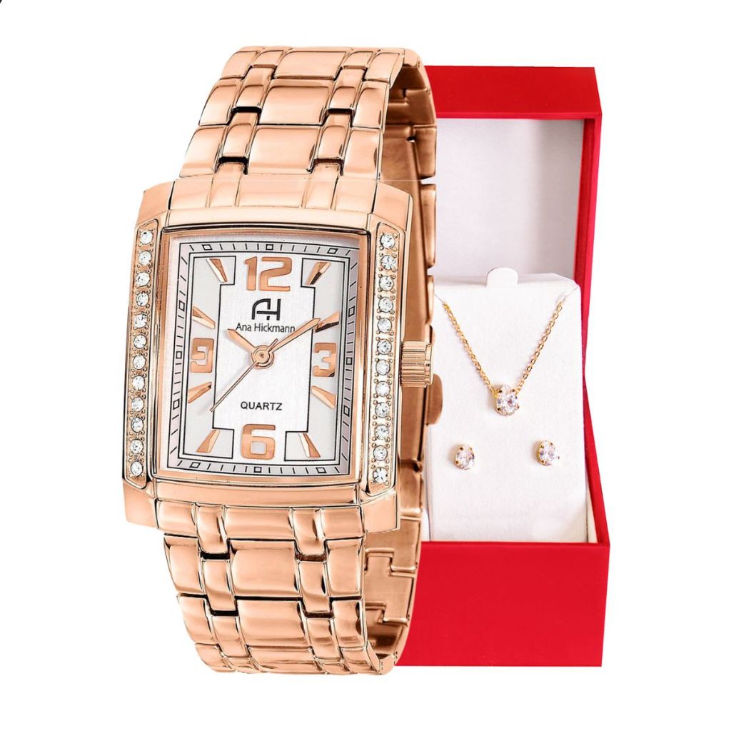 Kit Relógio Champion Ana Hickmann Feminino Quadrado Rosé c/ Cristais Original Presente AH28526Z em Oferta na Shopee